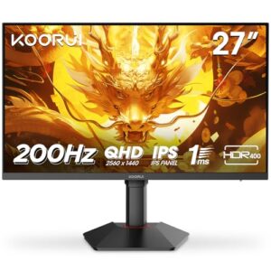 KOORUI 27 Inch QHD Gaming Monitor, 200Hz Monitor, 1ms, Fast IPS, HDR400, 95% DCI-P3 Color Gamut, Height/Pivot/Tilt Adjustability, Adaptive Sync Technology, HDMI & DP Ports, 2K Display, Black G2722P