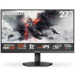 KOORUI Gaming Monitor, 27″ 200Hz 1ms Fast IPS Computer Monitor, FHD HDR400 Display, 90% DCI-P3 Color Gamut PC Screen, Adaptive Sync, Ultra Slim Frame, VESA Mountable, HDMI 2.0, DP 1.4, G2711P