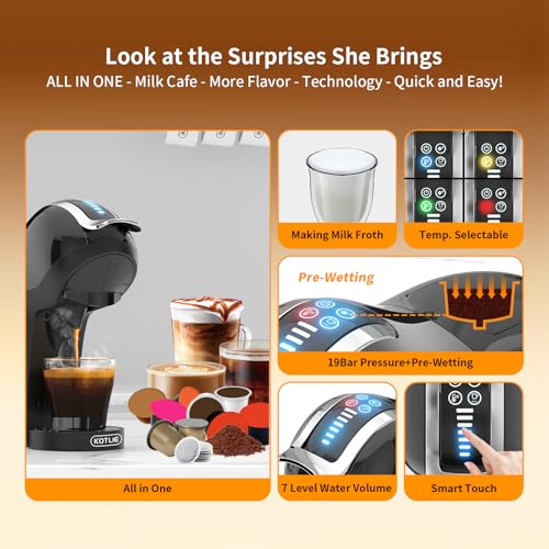 KOTLIE Espresso 5in1 Single Serve Coffee Maker, 19Bar Cappuccino&Latte Maker, Cold&Hot Brewing Coffee Machine for K*cup/NES*presso Original/D*olce G*usto/Ground Coffee/44mm ESE(Black) - Image 5