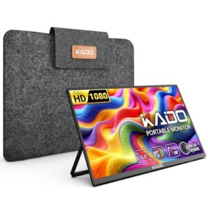Kado 15.6″ FHD Portable Monitor for Laptop, 1080p Second Display IPS 1920×1080 HDMI USB-C Laptop Screen Extender, Carrying Sleeve 180° Kickstand for PC, Mac, Dex, Tablet, Xbox, PS4/PS5, Switch