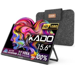 Kado Portable Monitor 15.6” FHD 1080p, 100% sRGB Ultra-Slim Laptop Monitor 1920×1080, IPS Display 180° Kickstand Protective Case Sleeve for PC, Mac, Phone, Xbox, PS5, USB-C & HDMI Connectivity