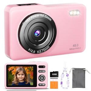 Kids Digital Camera, 48MP FHD 1080P Anti Shake 16X Zoom, Compact Portable Camera for Children Teens Beginners, with 32GB Card & Fun Features-White (Pink)
