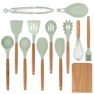 Kitchen Utensil Set, 13 pcs Non-Stick Silicone Cooking Utensils Spatula Set with Wooden Holder (Mint)