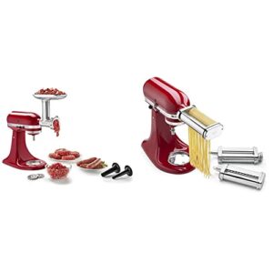 KitchenAid 3-Piece Pasta Roller & Cutter Set Attachment, Silver and KSMMGA Metal Food Grinder Attachment, Silver
