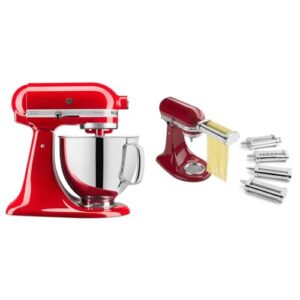 KitchenAid Artisan Series 5 Quart Tilt Head Stand Mixer with Pouring Shield KSM150PS Passion Red Bundle with KSMPDX Pasta Deluxe Set Stand Mixer Attachment Stainless Steel 5 Piece