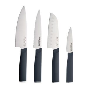 KitchenAid Chef Set with Custom Fit Covers, Sharp Kitchen Knife, High-Carbon Japanese Stainless Steel Blade, 4 Piece, Charcoal Gray