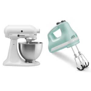 KitchenAid Classic Series 4.5 Quart Tilt-Head Stand Mixer K45SS, White & 6 Speed Hand Mixer with Flex Edge Beaters – KHM6118, 6 Speed w/Flex Edge Beaters, Ice Blue