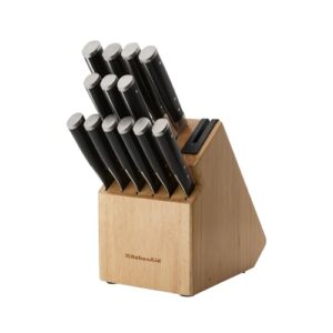 KitchenAid Forged Triple Riveted Knife Block Set with Built-In Knife Sharpener, High Carbon Stainless Steel Kitchen Knives, Sharp Kitchen Knife Set with Block, Black, 14 Piece