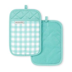 KitchenAid Gingham Pot Holder 2-Pack Set, Aqua Sky, 7″x10″