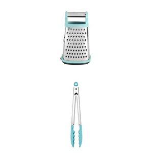 KitchenAid Gourmet 4-Sided Stainless Steel Box Grater with Detachable Storage Container, 10 inches t and KitchenAid Silicone Tipped Stainless Steel Tongs, 10.26 Inch, Aqua Sky
