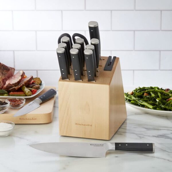 KitchenAid Gourmet Forged Triple Rivet Knife Block Set with Built-in Knife Sharpener, High Carbon Japanese Stainless Steel Kitchen Knives, Sharp Kitchen Knife Set with Block, Birchwood, 14-Piece - Image 3