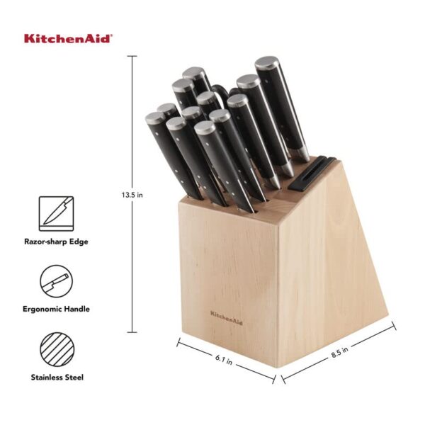 KitchenAid Gourmet Forged Triple Rivet Knife Block Set with Built-in Knife Sharpener, High Carbon Japanese Stainless Steel Kitchen Knives, Sharp Kitchen Knife Set with Block, Birchwood, 14-Piece - Image 4