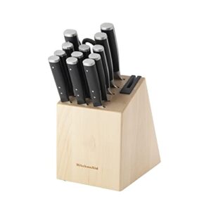 KitchenAid Gourmet Forged Triple Rivet Knife Block Set with Built-in Knife Sharpener, High Carbon Japanese Stainless Steel Kitchen Knives, Sharp Kitchen Knife Set with Block, Birchwood, 14-Piece