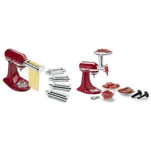 KitchenAid KSMPDX Pasta Deluxe Set Stand Mixer Attachment, 5 Piece, Stainless Steel and KitchenAid KSMMGA Metal Food Grinder Attachment, Silver
