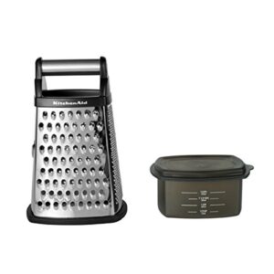 KitchenAid No Mess Multi Function Can Opener, One size, Gray & Gourmet 4-Sided Stainless Steel Box Grater with Detachable Storage Container, 10 inches tall, Black