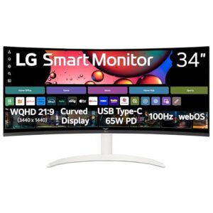 LG 34SR63QA-W 34 inch Smart Curved Monitor with Streaming TV, QHD 1440p, UltraWide Screen, USB Type-C 65W PD, 1800R, webOS, HDR10, 100Hz, Built-in Speaker, AirPlay2, Screen Share, Bluetooth, White