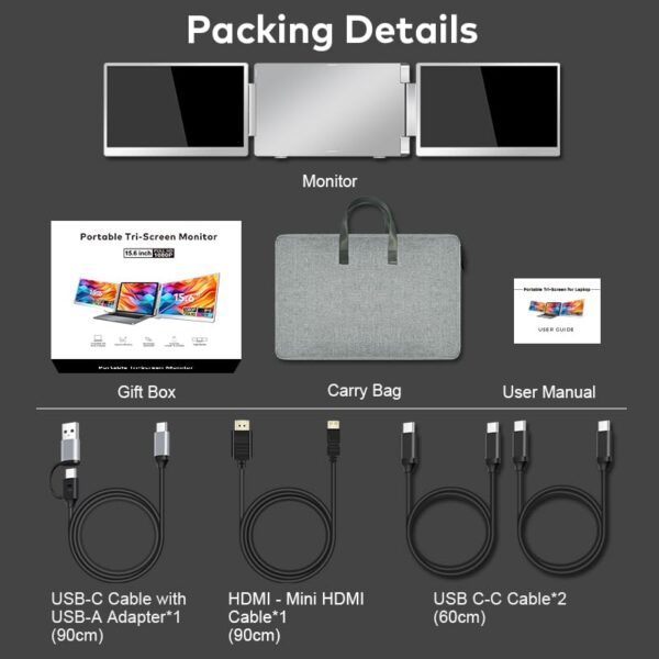Laptop Screen Extender for Triple Display - 15.6" FHD 1080P Portable Monitor, Detachable, Plug & Play Dual Monitor Extender for 12"-18.5" Laptops, Compatible with Windows/Mac/Android/Chrome/PS3/PS4 - Image 3
