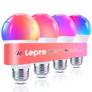 Lepro B1 AI Smart Light Bulbs – WiFi & Bluetooth RGBWW Color Changing LED Bulb Compatible with Alexa & Google Assistant, AI Generated Lighting LLM, AI Voice Control, Music Sync, 2.4GHz Only, 4 Packs