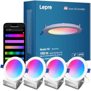 Lepro R2 AI Smart LED Recessed Lighting 6 Inch, RGB+Cool/Warm White APP Control Ceiling Lights, Alexa & Google Compatible, 12W 1050LM Slim Canless Downlight, AI Generated Lighting, 2.4GHz WiFi, 4-Pack