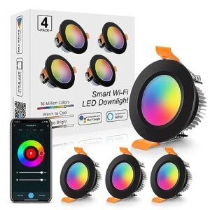 LightingWill 2 Inch Recessed Lighting, Smart WiFi LED Downlight, 5W LED Ceiling Light Compatible with Alexa/Google Assistant, Dimmable RGB & 2700K-6500K, 120V with LED Driver, Black Trim (4 Pack)