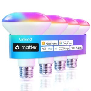 Linkind Matter Smart Light Bulb, BR30 Smart Bulbs, Recessed LED Color Changing Light Bulbs RGBTW, E26 Smart Flood Light Bulbs 650LM 60W Work with Alexa, Apple Home, Google Home, SmartThings, 4Pack