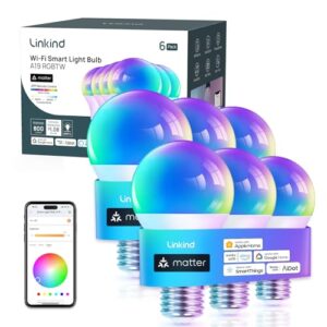Linkind Matter Smart Light Bulb, WiFi Smart Bulbs, Work with Apple Home, Siri, Alexa, Google, SmartThings, RGTBW Color Changing Bulbs Mood Lighting, Music Sync, A19 E26 60W, 2.4Ghz WiFi 6 Pack
