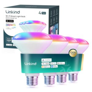 Linkind Matter Smart Light Bulb,1200LM 85W BR30 Smart Flood Light Bulbs Work with Alexa, Apple Home, Google Home, RGBTW Recessed Color Changing Bulbs E26, 2.4GHz Only WiFi Light Bulbs LED, 4Pack