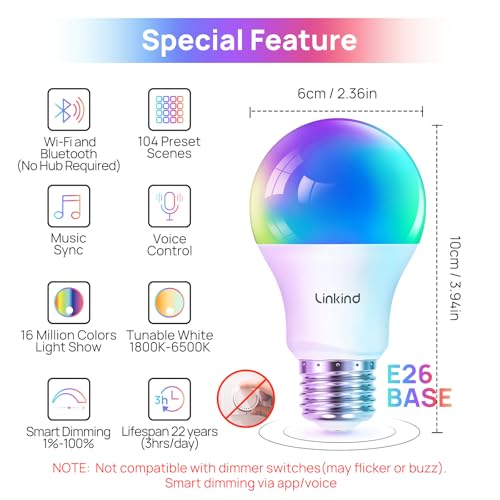 Linkind Smart Light Bulbs, Smart Bulb That Work with Alexa & Google Home, LED Light Bulbs Color Changing, 104 Preset Scene, Music Sync, A19 E26 2.4GHz RGBTW WiFi Bluetooth Light Bulb 60W, 800LM, 4Pack - Image 3