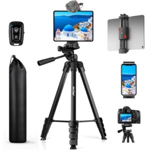 MACTREM iPhone iPad Tripod Stand, 67″ Phone Tripod for iPhone iPad Tablet Camera with 2 in1 Holder Remote Carry Bag, Aluminum Extendable iPhone Stand for Video Recording/Selfies/Live Stream/Vlogging