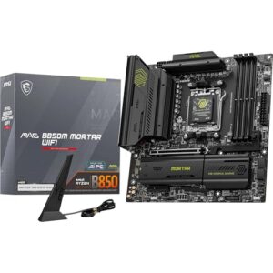 MSI MAG B850M Mortar WiFi Motherboard, mATX – Supports AMD Ryzen 9000/8000 / 7000 Processors, AM5-60A SPS VRM, DDR5 Memory Boost 8200+ MT/s (OC), PCIe 5.0 x16, M.2 Gen5, Wi-Fi 7, 5G LAN