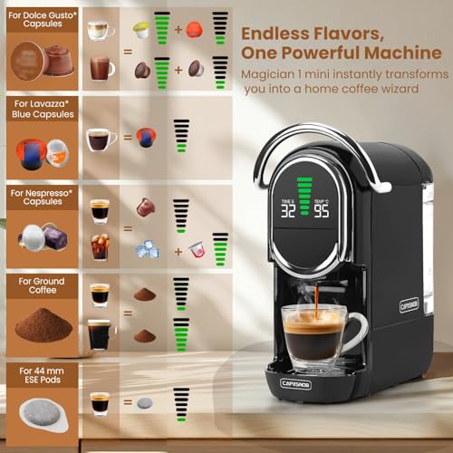 Magician1 Mini Espresso Machine for Nespresso Original, Dolce Gusto, Lavazza Blue, ESE Pods, 19-Bar Coffee Machine for Ground Coffee, Coffee Maker with adjustable Temp & Cup Size, 21oz Reservoir - Image 4