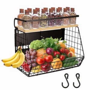 Magnetic Shelf for Fridge with Wood Lid, Fruit Potato and Onion Storage Bins, Pantry Organizers & Storage, Large Container Magnetic Spice Rack for Refrigerator, Kitchen Counter (Black01)