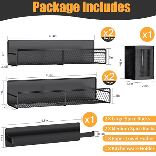 Magnetic Spice Rack for Refrigerator, 6 Pack 100% Metal Strong Magnet Shelf Black, Space Saving Spice Organizer, Home Kitchen Laundry Room Storage Organization W/ Paper Towel Holder, Utensils Racks - Image 3