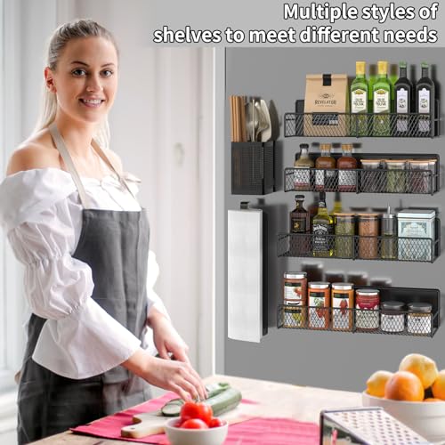 Magnetic Spice Rack for Refrigerator, 6 Pack 100% Metal Strong Magnet Shelf Black, Space Saving Spice Organizer, Home Kitchen Laundry Room Storage Organization W/ Paper Towel Holder, Utensils Racks - Image 7