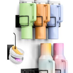 Magnetic Stanley Cup Holder for Refrigerator, Water Bottle Organizer with 2 Holders & 1 Lid Rack for Stanley 40 oz, Tumbler Lid Organizer for Stanley Cup Accessories, Ideal for Gifts