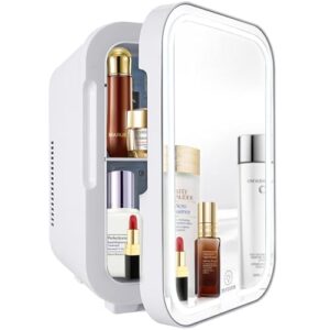 Mini Fridge with Mirror Door & Adjustable LED Lights – 8L Cosmetic Skincare Fridge for Bedroom,Dorm,Mini Car Refrigerator Portable Quiet Cooling,Gift for Women