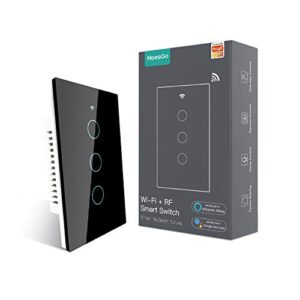 MoesGo 2nd Generation WiFi RF433 Smart Touch Wall Single Fire Smart Switch,No Neutral Wire Needed Compatible with Smart Life/Tuya App, Works with Alexa and Google Home Single Pole 110V Black 3 Gang
