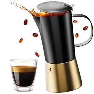 Moka Pot Espresso maker, Stovetop Stainless Steel Manual Espresso Italian Cuban Coffee Maker, 6 cups (350 ml), Elegant Coffee Maker Percolator Cafetera, Black/Gold