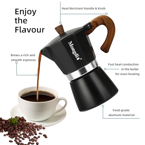 Mongdio Stovetop Espresso Maker Moka Pot, Cuban Coffee Maker Stove top coffee maker Moka Italian Espresso Greca Coffee Maker Brewer Percolator, 6 Espresso Cups, 10 oz - Black - Image 5