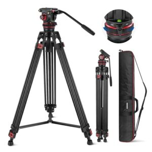 NEEWER 74″ Video Tripod with Adjustable Damping Fluid Head, Metal Heavy Duty Dual-Mode QR Plate Compatible with DJI RS Gimbals, Flexible 360° Pan&+90°/-75° Tilt, Max Load 22lb/10kg, TP75