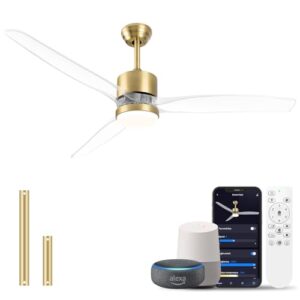 OKELI 52″ Smart Ceiling Fan with Light, WiFi Enabled for Alexa & App Control, Reversible Gold Modern Ceiling Fan with Dimmable LED Light and Remote, Clear Blades for Living Room Bedroom