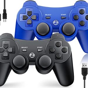 OKHAHA Controller 2 Pack for PS3 Wireless Controller for Sony Playstation 3, Double Shock 3, Bluetooth, Rechargeable, Motion Sensor, Remote for PS3 (No Stripes(Black + Blue))