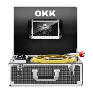 Okk Sewer Camera, Drain Camera with 512Hz Sonde, Pipe Inspection with Self-Leveling, Industrial Endoscope with DVR, 7″ LCD Plumbing Snake Endoscope 165ft Cable, IP68 Waterproof, 12 LEDs, 16GB Card