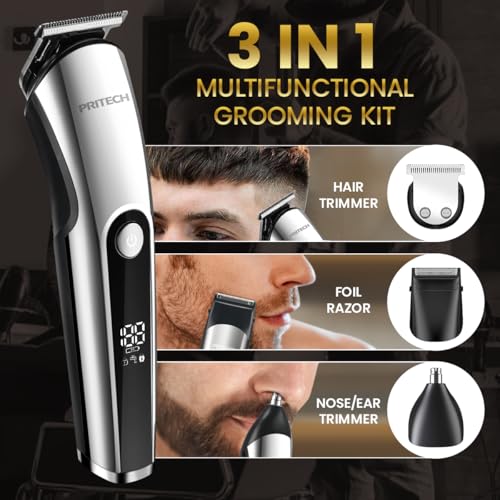 PRITECH Beard Trimmer for Men, 3 in 1 Hair Clippers for Men Kit, Nose,Ear,Micro Electric Shaver, Mens Grooming Set Cordless with LED Display IPX6 Waterproof (Silver) - Image 4