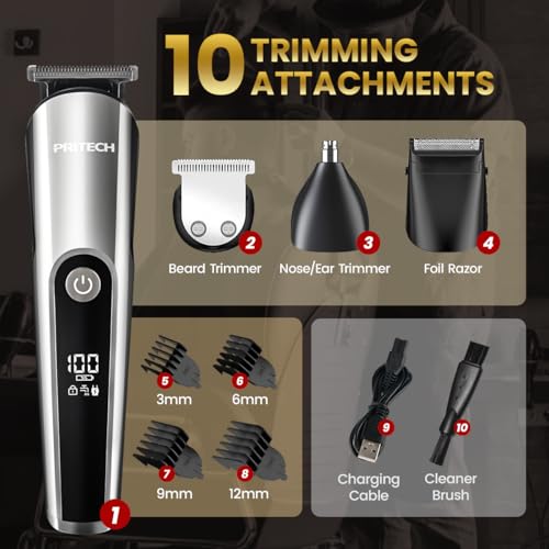 PRITECH Beard Trimmer for Men, 3 in 1 Hair Clippers for Men Kit, Nose,Ear,Micro Electric Shaver, Mens Grooming Set Cordless with LED Display IPX6 Waterproof (Silver) - Image 6