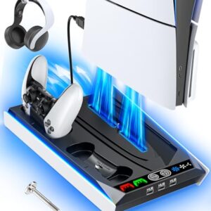 PS 5/Slim Stand for Disc & Digital Version, RGB Ambient Lighting PS5 Slim Cooling Station with Controller Charger, Built-in 3-Level Fan, 3 USB Ports (Not for PS5 Pro)
