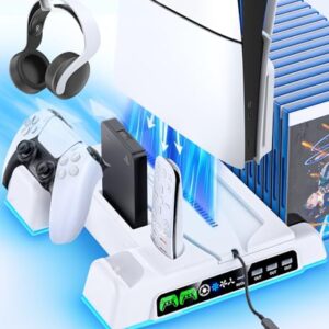 PS5/ Slim/Pro Stand for Disc & Digital Console, PS5 Cooling Station with Dual Controller Charging Station for PlayStation 5 Console, 3-Level Fan PlayStation 5 Controller Charger Accessories Stand