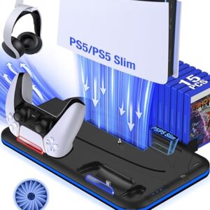 PS5 Stand with Cooling Station and Controller Charging Station for PlayStation 5 Slim Console, PS5 Controller Charger, Cooling Stand, LED Light, Headset Holder for PlayStation 5 Accessories