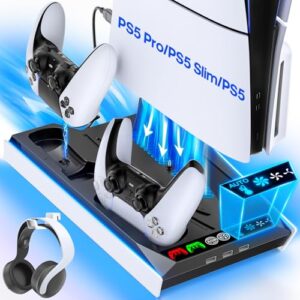 PS5/Slim/Pro Cooling Station with Auto Turbofan & 3-Level Speed, PS5 Stand, Cooling Fan Station with Controller Charger, Charging Station for All PlayStation Console, Cooling Stand Gaming Accessorie
