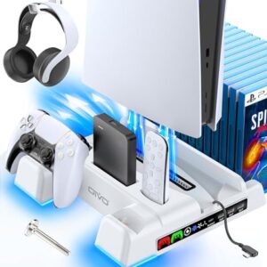 PS5/Slim/Pro Stand and Cooling Station with LED Controller Charging Station for PlayStation 5 Console, Controller Charger, Cooling Stand, PS5/Slim/Pro Accessories Kit with 3 Level Cooler Fan